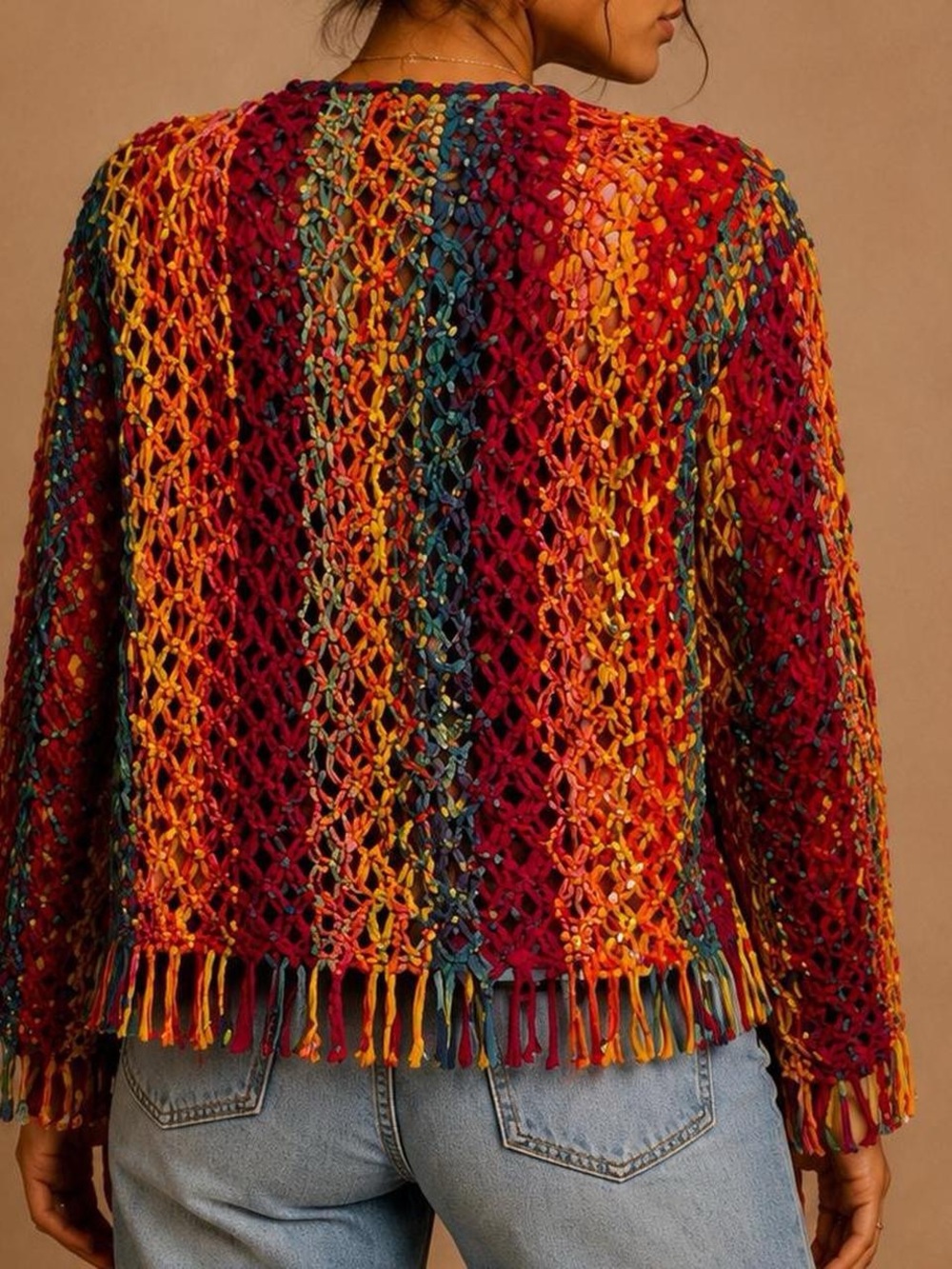 Multicolor Open-Knit Fringe Women's Cardigan Sweater size large - Picture 3 of 8